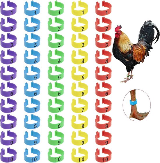 Ringen, 50 stuks genummerde clip-on pootringen Meerdere kleuren kippendientstellingspootbanden Genummerde clip-on pootringen Ronde voetlabelclips voor kuiken eend duif gans (16 mm)