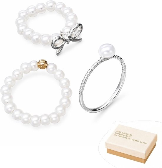 Ringen met elastische kralen: set van 3 voor angst (2 zilver, 1 goud). Elastisch en verstelbaar, met roze geschenkdoos, verlichting en stijl voor vrouwen.