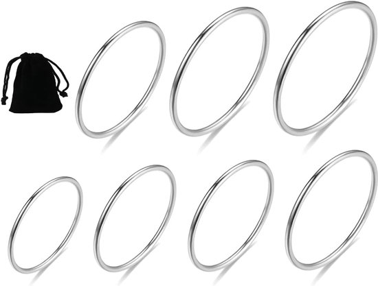 Ringen, set met 7 dunne roestvrijstalen ringen voor dames, stapelbaar, zilver, 1 mm, maten 4, 5, 6, 7, 8, 9 en 10