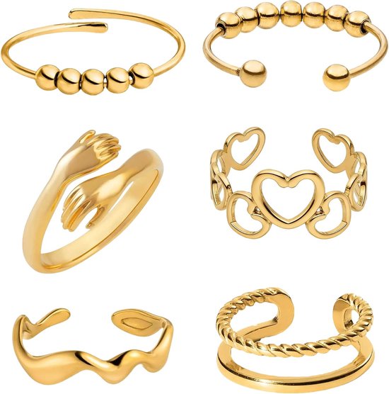 Ringen voor angst, fidget, abstracte golf, goud, knuffelende mau hartslag, goud, gedraaide look, ring voor dames, verstelbaar roestvrij staal