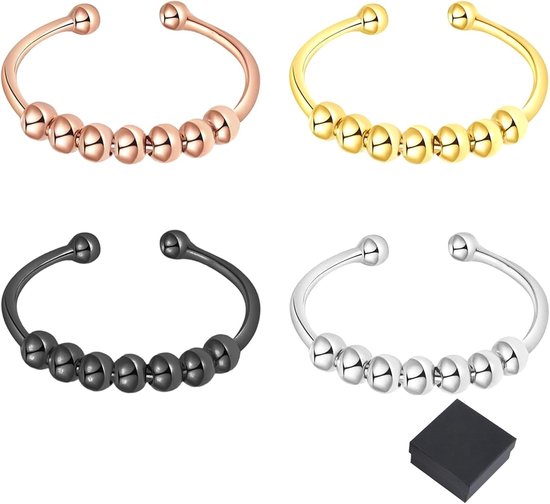 Ringen voor dames, anti-stress-ring, verstelbaar, om je te helpen angst te elimineren, met zwarte geschenkdoos, kleur staal, zwart, goud, roségoud