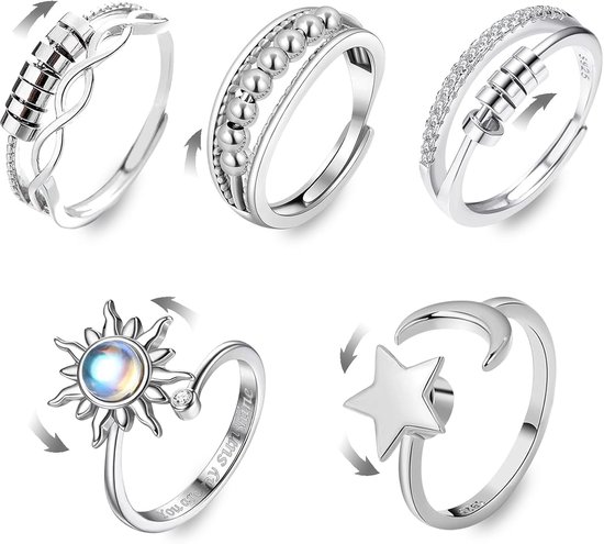 Ringen voor dames, draaibare open ringen, verstelbaar, draaibare zilveren ring, anti-stress-ring, draaibaar, voor dames en heren, cadeau