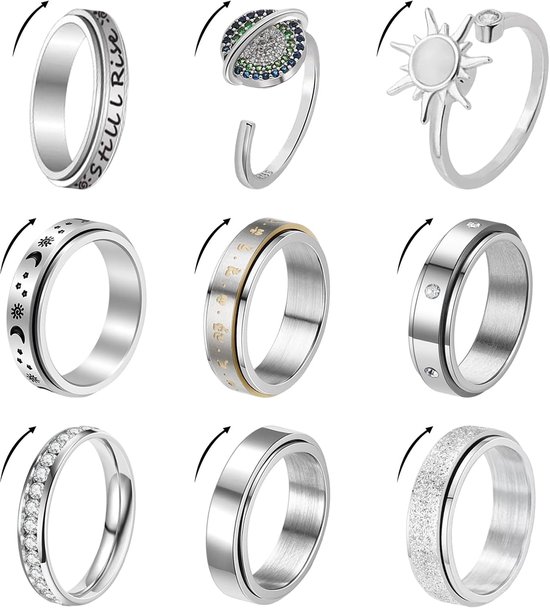 Ringen voor dames, stapelbaar, draaibaar, anti-stress-ringen, angstring, spinner, fidget-ring voor vrouwen, meisjes en mannen (zilver)