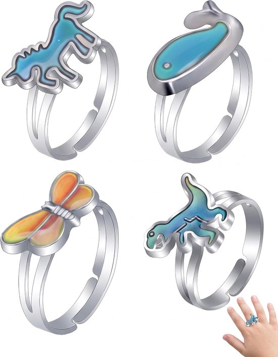 Ringen voor kinderen, set met 4 instelbare thermochromen, design eenhoorn, walvis, libelle, dinosaurus, sensorische fidget ring voor het kalmeren van angst en concentratie