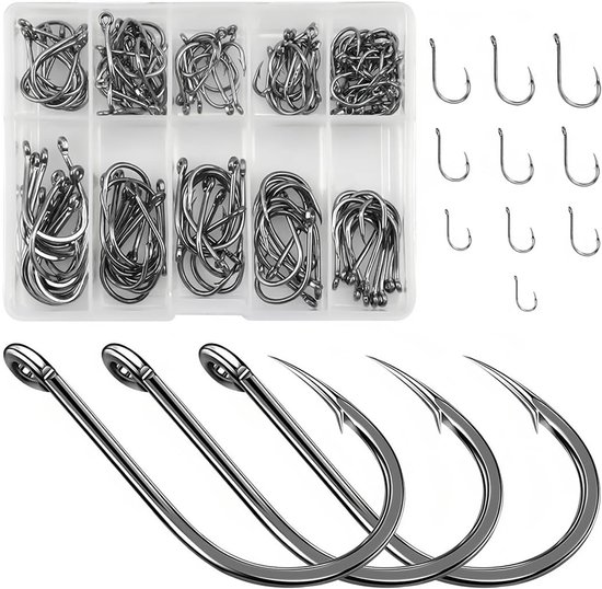 Ringen voor vishaken, 100 stuks koolstofstalen haken in 10 maten 3-12, met kunststof doos, zilver, stekelhaken met oog - ShopVlot