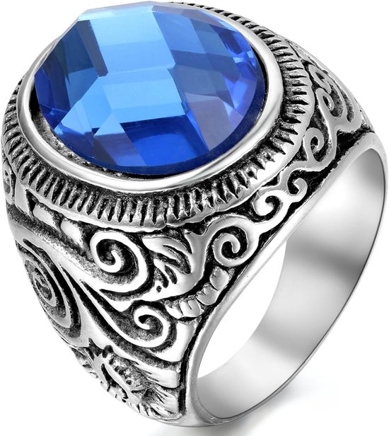 Ringen zilver voor heren en dames, klassieke retro charm kunstmatige blauwe stenen roestvrijstalen ring herenring ringmaten 54 (17,2) - 76 (24,2)