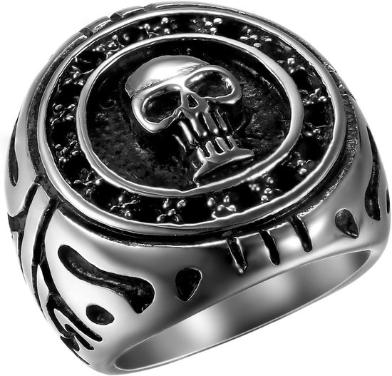 Ringen, zilverkleurig, doodshoofd, schedel, retro, punk, biker, bandring, zegelring, duimring, comfortabel, passende herenaccessoires, Roestvrij staal