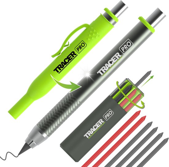 robuust aluminium bouwpotlood, 5,2 mm lood, 6 vervangende kabels en locatieholster - heavy-duty markeringsset