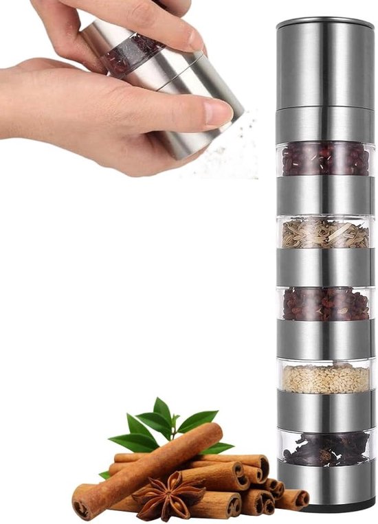 Robuuste 5-laags roestvrijstalen kruidenmolen voor kampeerders, hikers en outdoor koken, lekvrije gadget met verstelbare maalinstelling