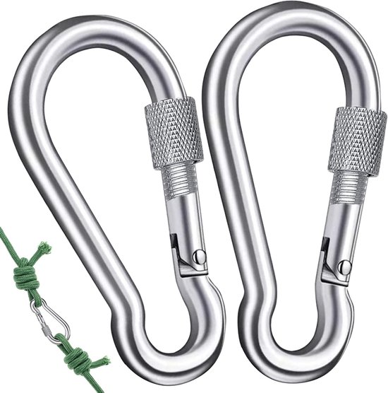 Robuuste M8 karabiner met schroefkap, 2 x draaibare roestvrijstalen haken voor klimmen, kamperen en outdoor activiteiten van Merkloos