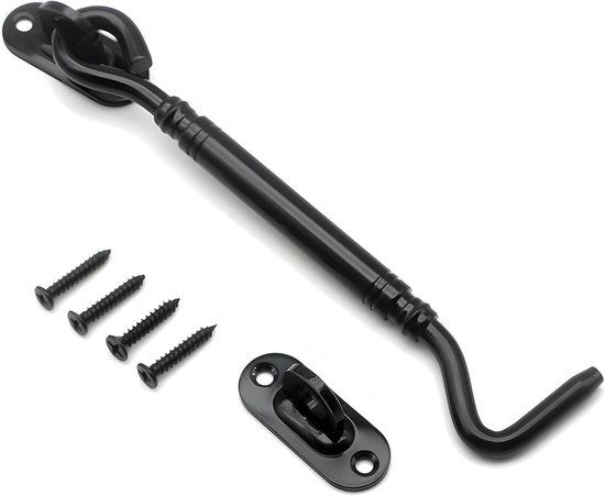 Robuuste zwarte stormhaak als raamstopper en deurgrendel voor optimale veiligheid, ideaal voor tuindeuren en schuifdeuren (10 cm)