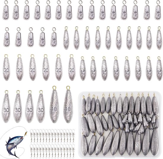 Rod Lead 50 Pieces Ground Lead Fishing - Streamlined Lead Fish Herring Lead Pear Lead Carp Fishing Accessories 5g / 10g / 15g / 20g / 30g / 40g - Met 30 Vertebrae Fishing Storage Box van Merkloos