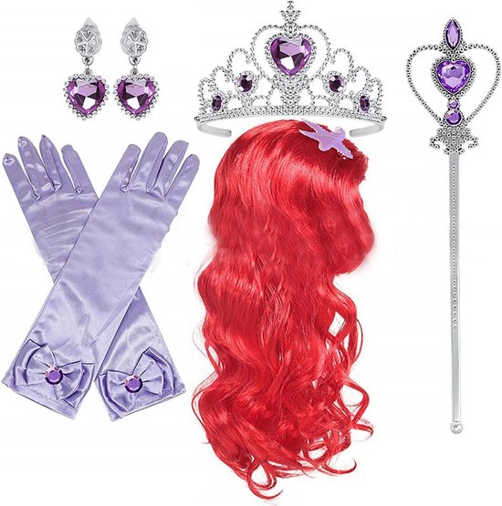 Rode lange golvende prinsessenpruik - Zeemeermin Halloween kostuum met tiara en toverstokje - paar handschoenen en oorbellen . van Merkloos