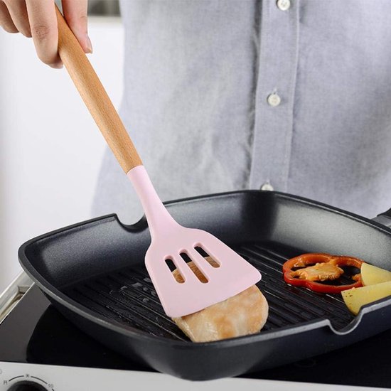 Rode Opbergemmer Houten Handvat Silicagel Keukengerei Non-stick Spatel Keukengerei Siliconen kookgereedschapset, Roze 9st-vat