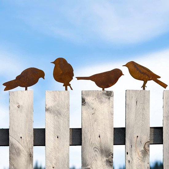 Roestige vogeldecoratie, roest, 4 patina metalen vogelsteker, tuindecoratie, roestlook met schroefdraad, metalen vogel, boomstekker voor hout, hekfiguren, tuindecoratie, ijzeren vogel