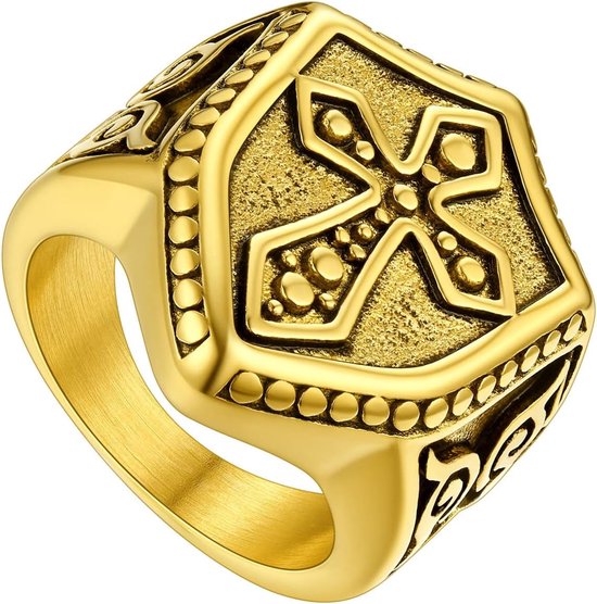 Roestvrij stalen Tempeliers Kruis Chunky Ring voor Mannen Vrouwen, Vintage Solomon Katholicisme Geloof Sieraden, Zwart/Verguld, Kom met Geschenkdoos