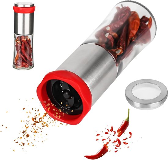 Roestvrijstalen Chili Molen met Glazen Reservoir voor Het Snijden van Specerijen en Peper, Ideaal voor Keuken en Koken