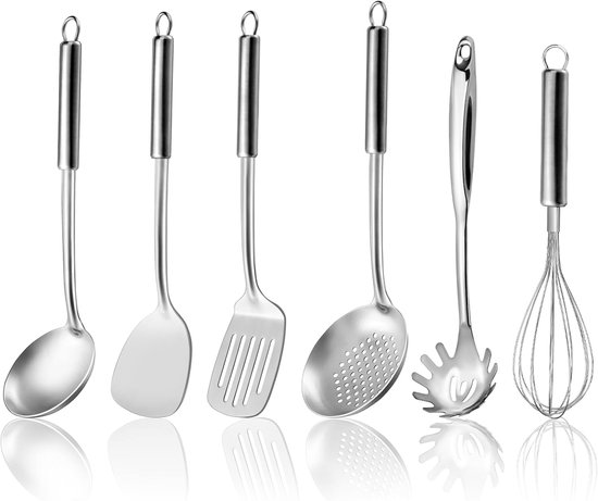 roestvrijstalen kookgerei set 6-delig, kooklepel met afneembare steel, spatel, soeplepel, schuimspaan, garde, pastaschep, vaatwasmachinebestendig