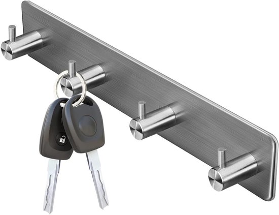 Roestvrijstalen wandhouder voor sleutels met 4 haken, zelfklevend en perfect voor thuiskantoor en hal, 26 x 4 cm van Merkloos