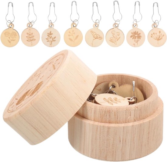 Ronde gebreide marker set met plantenmotieven voor breien en haken, natuurlijke houten markeringen, inclusief opbergdoos voor handwerken en creatief knutselen