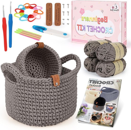 Ronde haakmand set van 2 stuks voor beginners, inclusief haaknaalden, garen en instructies in 3 talen, donkerbruin, perfect voor haken en creatief knutselen van Merkloos