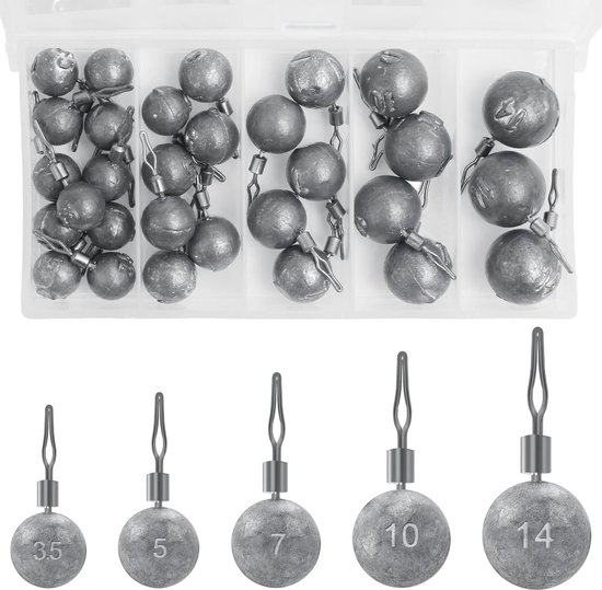 Ronde vissersloodjes in 5 maten - 30 stuks voor effectief vissen, loodgewicht en visuitrusting