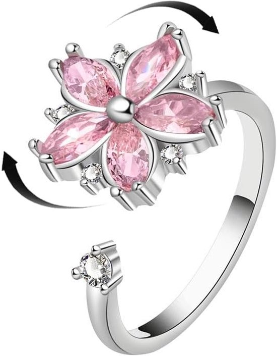 Roze CZ Bloem Spinner Fidget Wrap Open Ringen voor Vrouwen Meisjes Angst Draaien Vrij Inspirerend Stressverlichting Statement Crochet Loop Verstelbare Stapelbare Ring Delicaat Zoet Kristal