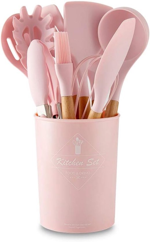 roze kookaccessoires - 11-delige set, dichte, lekkende spatel, lekkende schep, soeplepel, pasta, platte lepel, spatel, kwast, eierrackets, voedselclip.