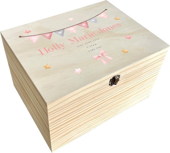 Roze slinger baby herinneringsdoos | Dierbare herinneringen voor pasgeborenen | Grenen met metalen scharnieren en sluiting | B26cm x D18,9cm x H15,5cm