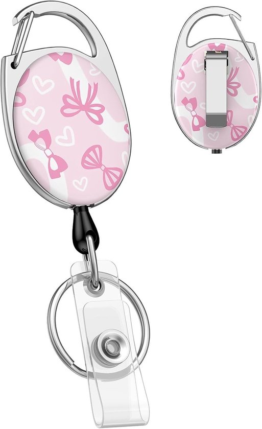 Roze Strik Retractable Badge Reel voor Sleutelhanger - Stevige Badgehouder met Koord en Clip