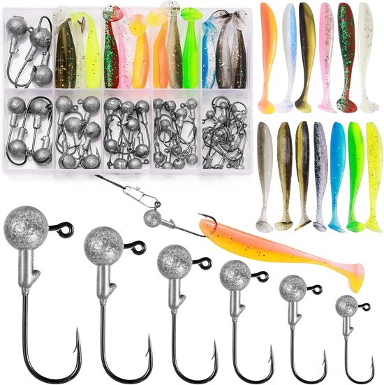 Rubber Fishing Jig Heads Set met 58 Stukken in 6 Maten voor Zoet- en Zoutwater, Perfect voor Baars en Andere Vissen