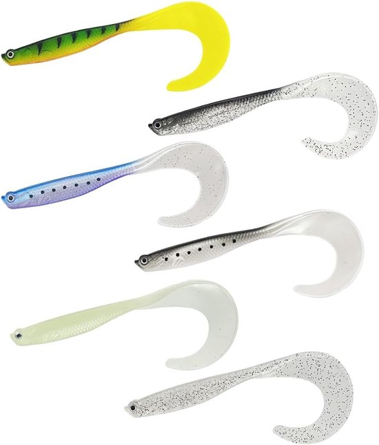Rubberen Vissen met Twisterstaart voor Snoek - 6 Stuks met Haakvakjes en Standaard (12cm, 6g) - Perfect voor Hengelsport en Vissen