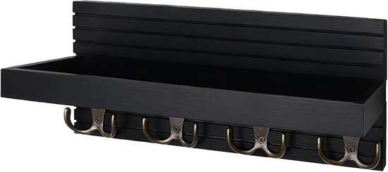 Rustieke wandhouder voor sleutels en kleine voorwerpen met 6 haken, zwart hout, ideaal voor entree en organisatie