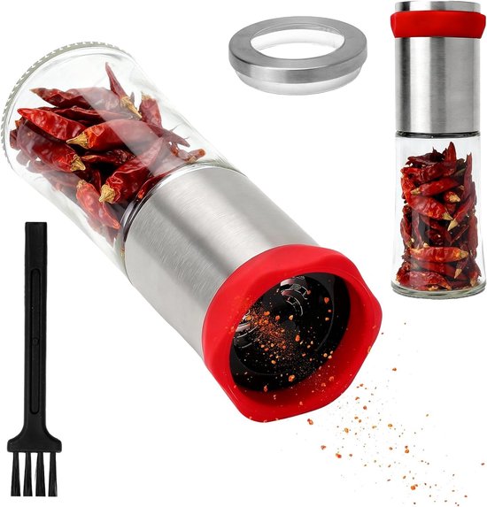 RVS Chili Molen met Borstel en 150 ml Capaciteit voor Kruiden, Peper en Zout - Ideaal voor Keuken en BBQ van Merkloos