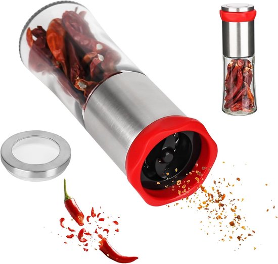 RVS Chili Molen met Glazen Reservoir voor Grof Kruid en Peper - Ideaal voor Keuken en Koken met Specerijen