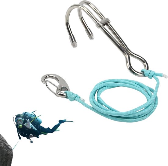 RVS Duikhaak met Dubbele Reefhaak en Luminous Lijn voor Grotten Duiken Accessoires - Luminous Sky Blue