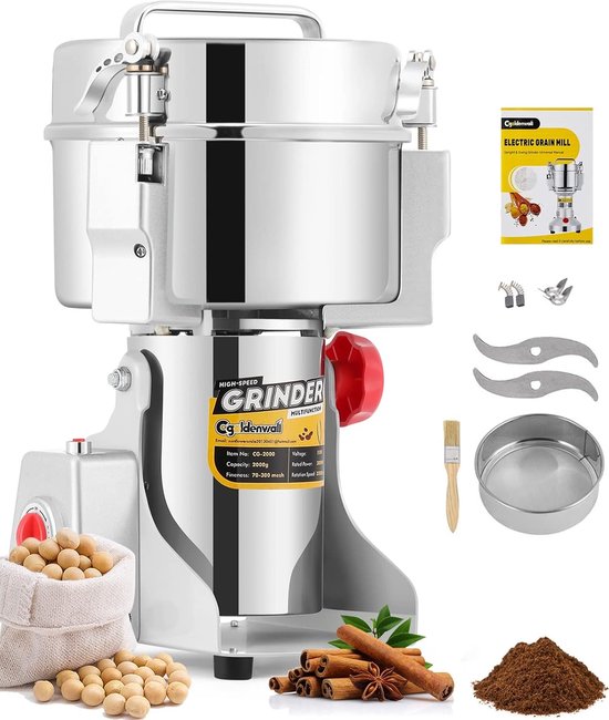 RVS Elektrische Koffiemolen met Open Deksel en Beveiligingsfunctie, Hoge Snelheid Specerijenmolen voor Koffie, Peper en Kruiden (2000g)