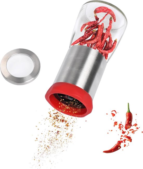 RVS en Glas Chili Molen voor Gedroogde Peper en Grof Kruiden, Ideaal voor Specerijen en Kruidensets van Merkloos