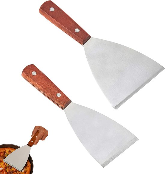 RVS roestvrijstalen handvat spatel en barbecue spatel voor teppanyaki vlees en grillpan reinigen,2 stuks