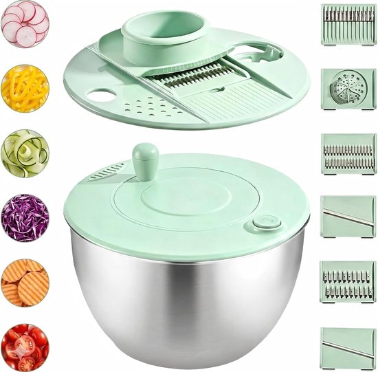 RVS Salade Spinner met Antislip Basis en Pendulum Aandrijving, Inclusief Accessoires en Eigeel Scheider voor Koken en Bakken - 5 Liter Capaciteit, Ideaal voor Verse Salades en Groenten