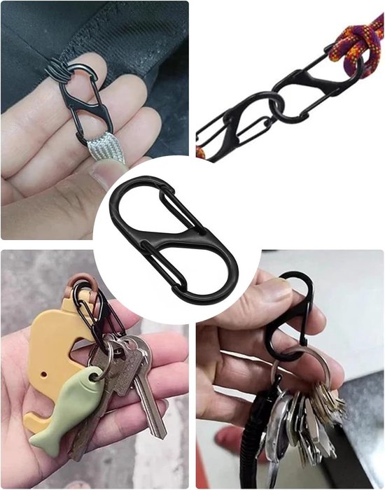 S-vormige mini-karabijnhaken 20 stuks, metalen dubbele haken voor kamperen, wandelen en outdoor activiteiten, 30 mm, zwart