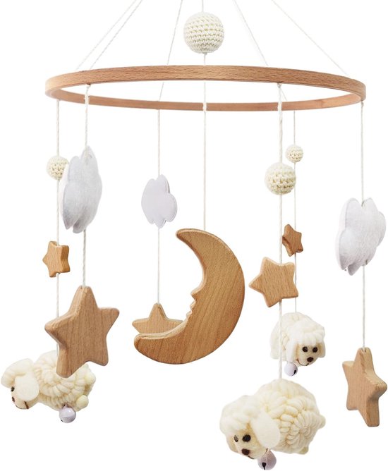 Schaap Babybed Mobiel - Windspel Met Wolken, Maan, Ster - Beige Boho Bedbel - Babyspeelgoed Voor Meisjes of Jongens
