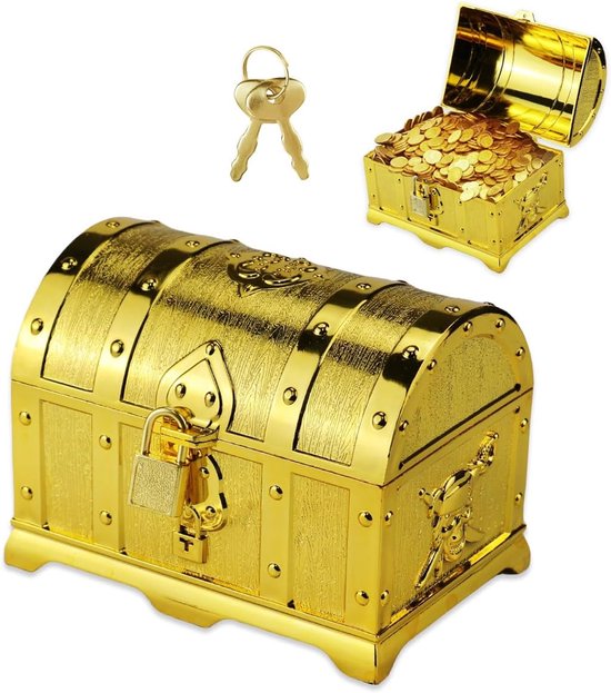 Schatkist, kunststof schatkist met slot, piratenbox, piratenschatkist, geschikt voor het opbergen van veranderingen, sieraden, decoratie