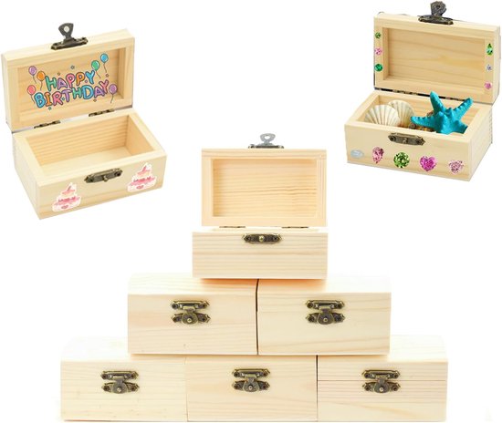 schatkist met deksel hout, schatkist, doe-het-zelf kleine houten kist met deksel en metalen sluiting, schatkist voor kinderverjaardag, houten kist om te knutselen, 9 x 5,5 x 5 cm