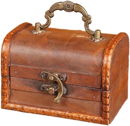 Schatkist, vintage houten schatkist, vintage look, kleine piratenschatkist, houten schatkisten, schatkisten van hout, opbergdoos met handvat, geschikt voor bewaren en decoreren, bruin C
