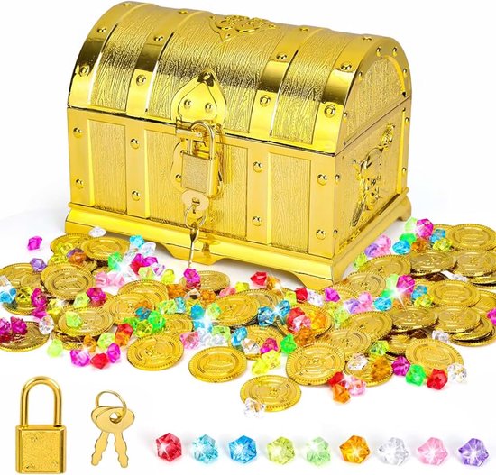 Schatkist voor kinderverjaardag met slot en sleutel, 50 gouden munten voor kinderen en 100 edelstenen voor kinderen, piratenschat Goldtaler voor opslag en decoratie