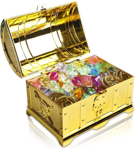 Schatkist Voor Kinderverjaardag, Schatkist Met Slot En Gouden Munten, Piratenschat, Doos Met Deksel, 20 Piraten, 100 Edelstenen, 14 X 11 X 10 Cm
