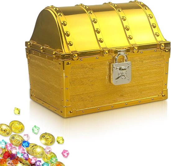 Schatkist voor kinderverjaardag, schatkist voor kinderen, gouden schatkist, eigen slot voor opslag en decoratie