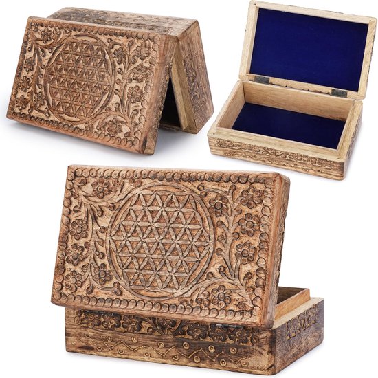 Schatkistje van hout, decoratief, handgesneden souvenirkistje met bloemgravures, multifunctioneel bewaarkistje voor sieraden, snuisterijen, horloges e.d., geweldig cadeau