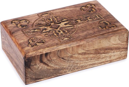 Schatkistje van hout, decoratief, handgesneden souvenirkistje met Keltisch kruis, multifunctioneel bewaarkistje voor sieraden, snuisterijen, horloges e.d., geweldig cadeau